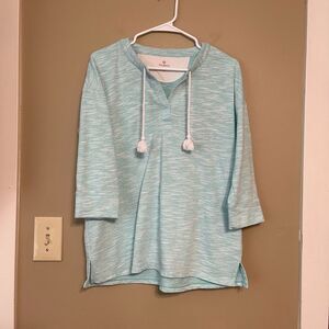 Talbots Turquoise Blue White Tasseled Three Quarter Sleeve Blouse Petite Large